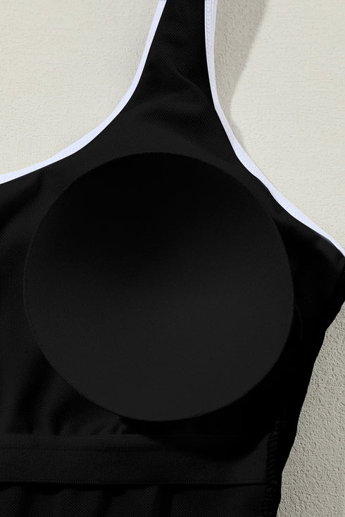 Sporty Scoop Neck Striped Waist One Piece Swimsuit