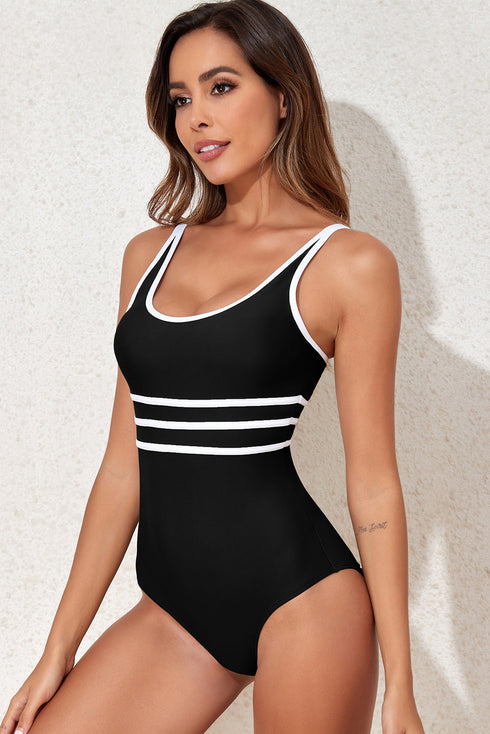 Sporty Scoop Neck Striped Waist One Piece Swimsuit