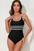 Sporty Scoop Neck Striped Waist One Piece Swimsuit