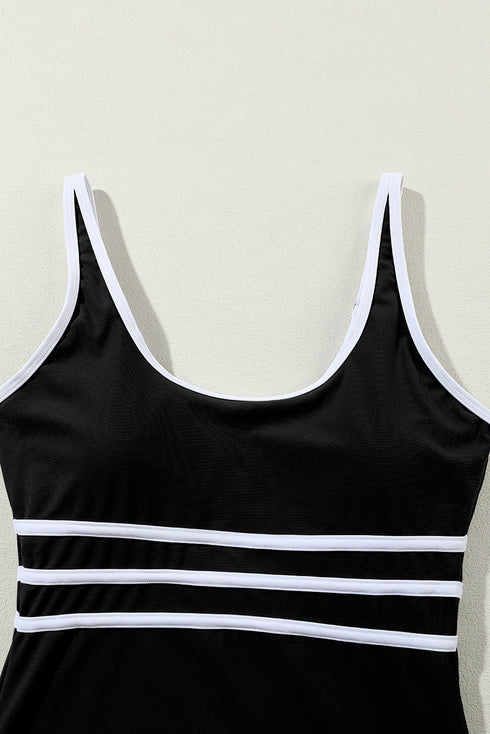 Sporty Scoop Neck Striped Waist One Piece Swimsuit
