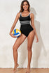 Sporty Scoop Neck Striped Waist One Piece Swimsuit