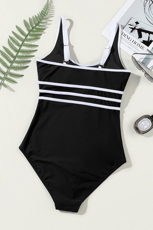 Sporty Scoop Neck Striped Waist One Piece Swimsuit