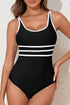 Sporty Scoop Neck Striped Waist One Piece Swimsuit