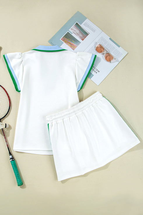 Sporty Trim Collared Cap Sleeve Top Straight Mini Skirt Set