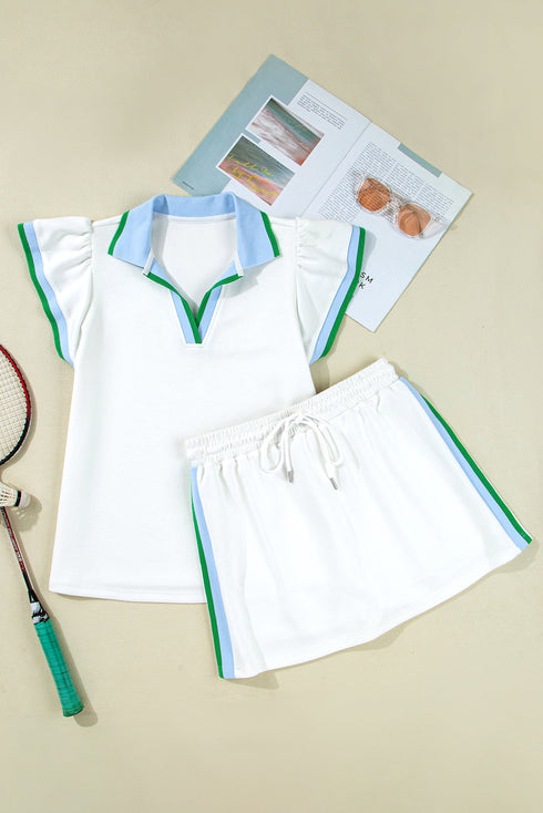 Sporty Trim Collared Cap Sleeve Top Straight Mini Skirt Set