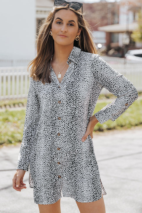 Spotted Print Button Down Long Sleeve Shirt Dress