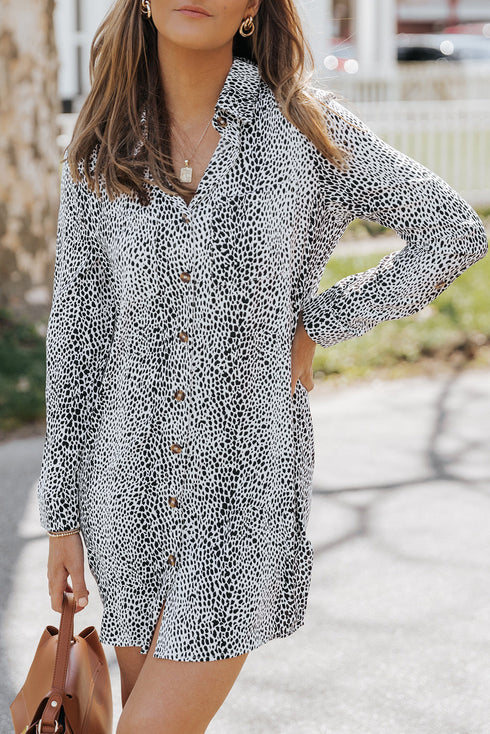 Spotted Print Button Down Long Sleeve Shirt Dress