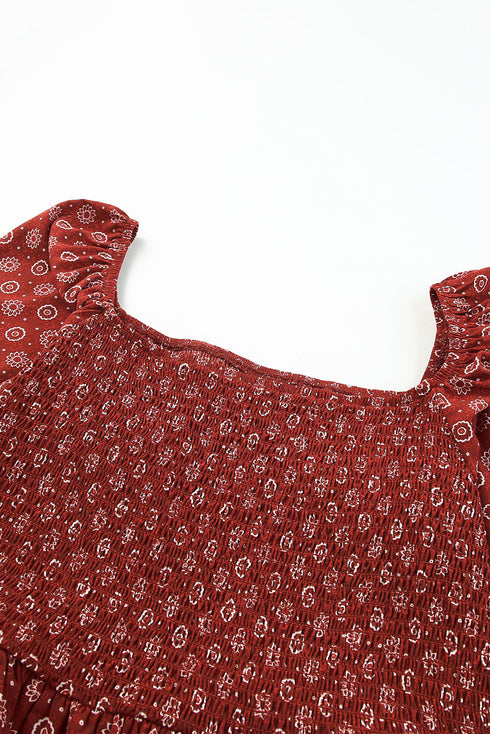 Square Neck All Over Print Smocked Plus Size Top