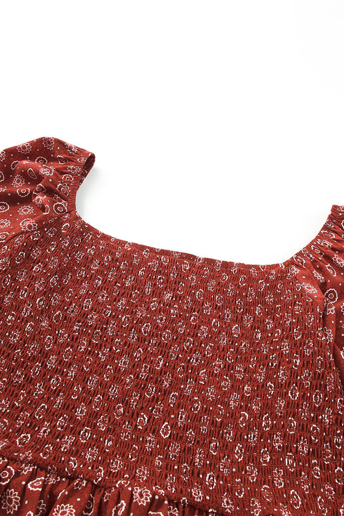 Square Neck All Over Print Smocked Plus Size Top