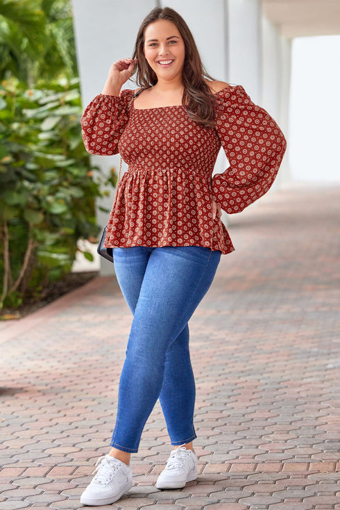 Square Neck All Over Print Smocked Plus Size Top