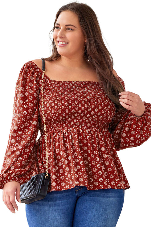 Square Neck All Over Print Smocked Plus Size Top