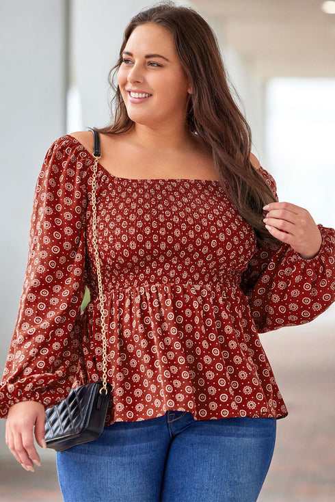 Square Neck All Over Print Smocked Plus Size Top
