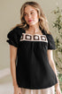 Square Neck Floral Textured Cotton Crochet Short Sleeve Blouse