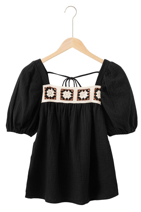 Square Neck Floral Textured Cotton Crochet Short Sleeve Blouse