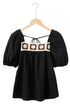 Square Neck Floral Textured Cotton Crochet Short Sleeve Blouse