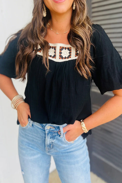 Square Neck Floral Textured Cotton Crochet Short Sleeve Blouse