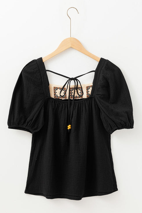 Square Neck Floral Textured Cotton Crochet Short Sleeve Blouse