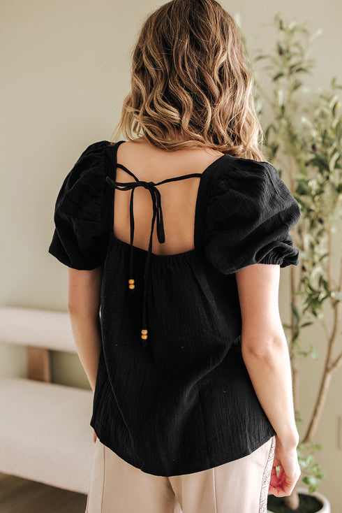 Square Neck Floral Textured Cotton Crochet Short Sleeve Blouse