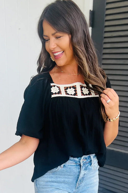 Square Neck Floral Textured Cotton Crochet Short Sleeve Blouse