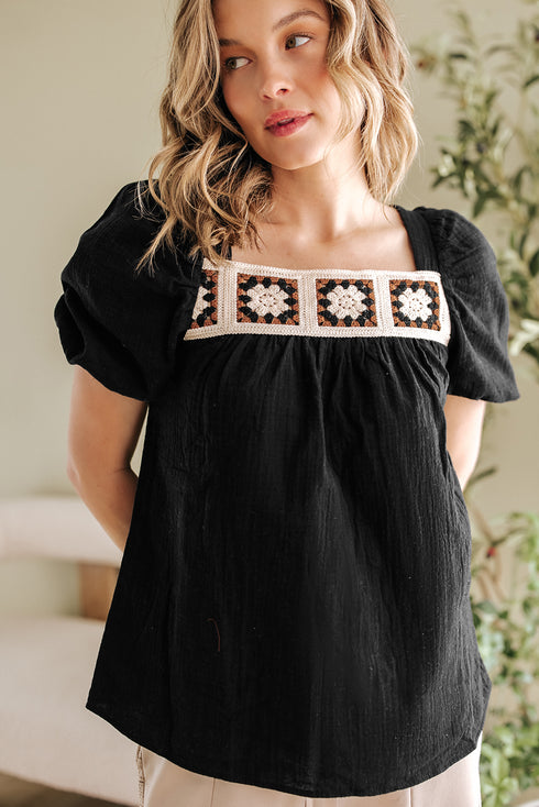 Square Neck Floral Textured Cotton Crochet Short Sleeve Blouse