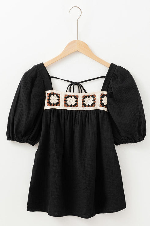 Square Neck Floral Textured Cotton Crochet Short Sleeve Blouse