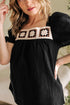 Square Neck Floral Textured Cotton Crochet Short Sleeve Blouse