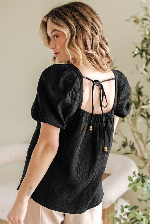 Square Neck Floral Textured Cotton Crochet Short Sleeve Blouse