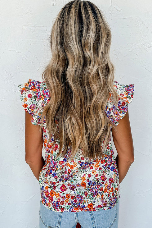 Square Neck Flutter Sleeve Floral Print Top