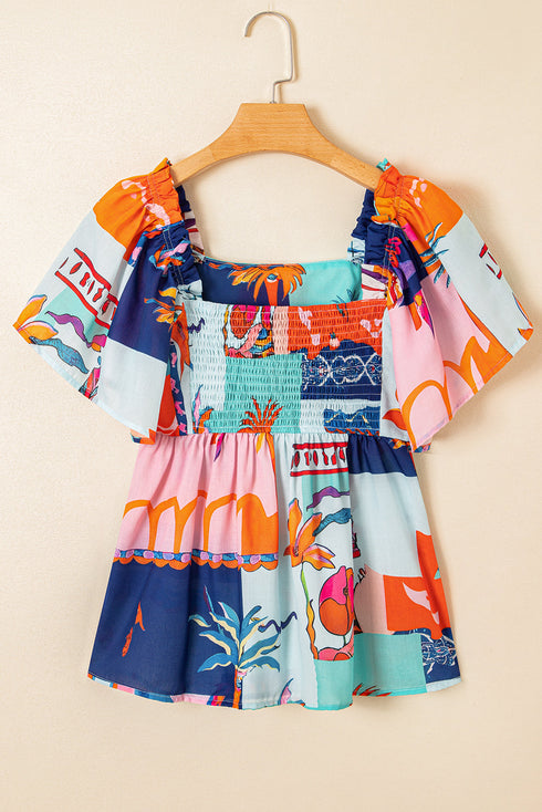 Square Neck Flutter Sleeve Tropical Print Babydoll Blouse