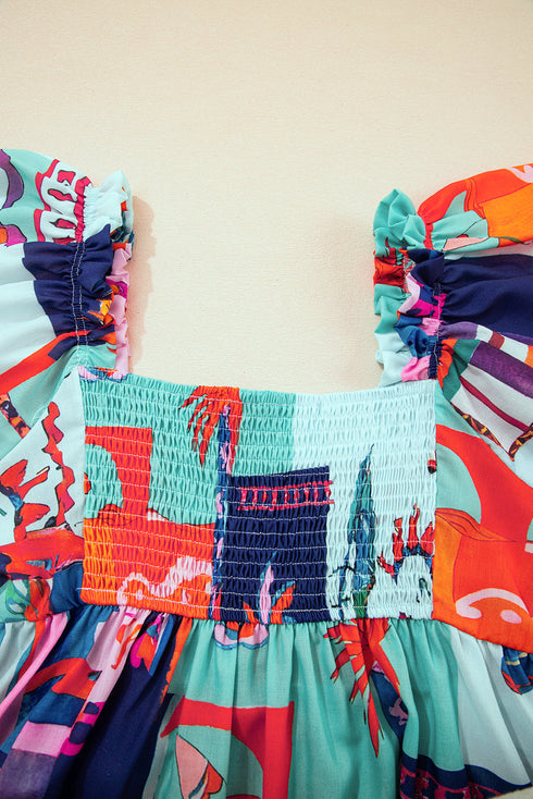 Square Neck Flutter Sleeve Tropical Print Babydoll Blouse