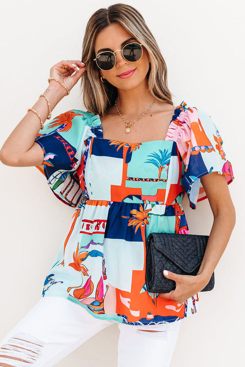 Square Neck Flutter Sleeve Tropical Print Babydoll Blouse