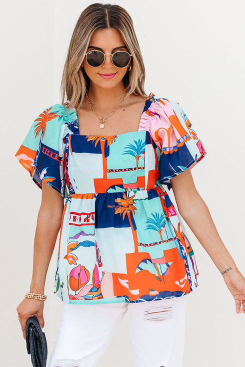 Square Neck Flutter Sleeve Tropical Print Babydoll Blouse