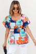 Square Neck Flutter Sleeve Tropical Print Babydoll Blouse