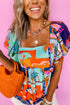 Square Neck Flutter Sleeve Tropical Print Babydoll Blouse