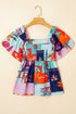 Square Neck Flutter Sleeve Tropical Print Babydoll Blouse