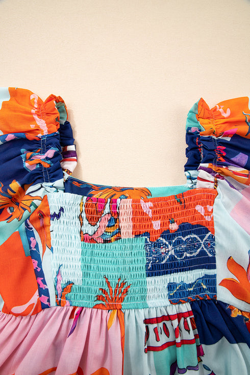 Square Neck Flutter Sleeve Tropical Print Babydoll Blouse