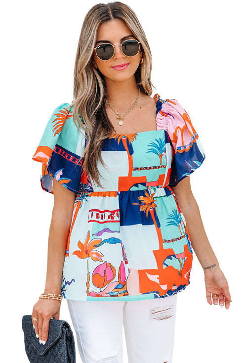 Square Neck Flutter Sleeve Tropical Print Babydoll Blouse
