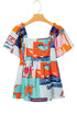 Square Neck Flutter Sleeve Tropical Print Babydoll Blouse