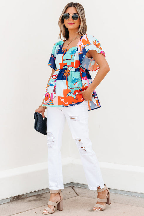 Square Neck Flutter Sleeve Tropical Print Babydoll Blouse