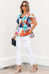 Square Neck Flutter Sleeve Tropical Print Babydoll Blouse
