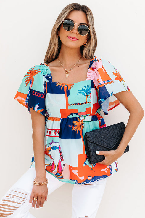 Square Neck Flutter Sleeve Tropical Print Babydoll Blouse