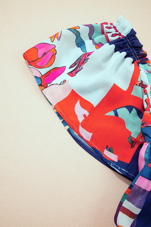 Square Neck Flutter Sleeve Tropical Print Babydoll Blouse