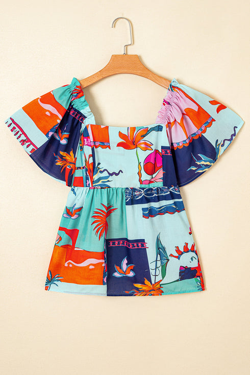 Square Neck Flutter Sleeve Tropical Print Babydoll Blouse