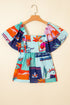 Square Neck Flutter Sleeve Tropical Print Babydoll Blouse
