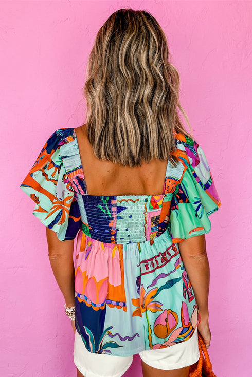 Square Neck Flutter Sleeve Tropical Print Babydoll Blouse