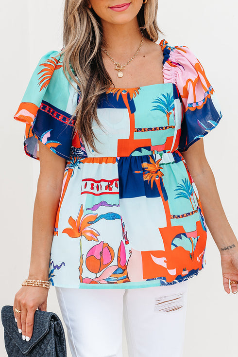Square Neck Flutter Sleeve Tropical Print Babydoll Blouse