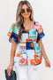 Square Neck Flutter Sleeve Tropical Print Babydoll Blouse