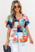 Square Neck Flutter Sleeve Tropical Print Babydoll Blouse