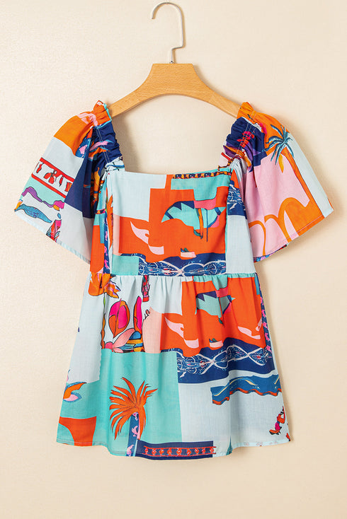 Square Neck Flutter Sleeve Tropical Print Babydoll Blouse
