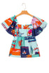 Square Neck Flutter Sleeve Tropical Print Babydoll Blouse